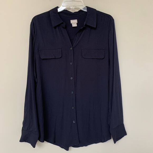 Chico's navy blue button up blouse long sleeves faux pockets 100% rayon 12/14 - Picture 1 of 7